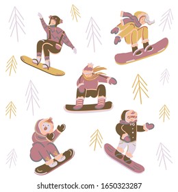 Funny Children with different facial expressions, learn to snowboard. Cartoon Flat Vector Illustration