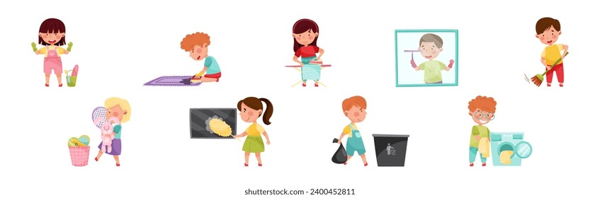 Funny Children Doing Cleanup and Domestic Chores Vector Set