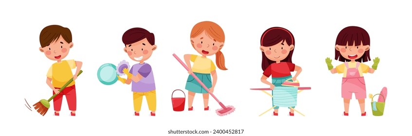 Funny Children Doing Cleanup and Domestic Chores Vector Set