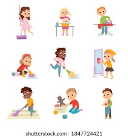 Funny Children Doing Housecleaning Mopping the Floor and Washing Dishes Vector Set