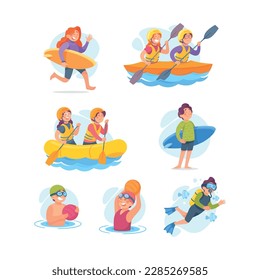 Funny Children Doing Water Sport Activity Vector Set