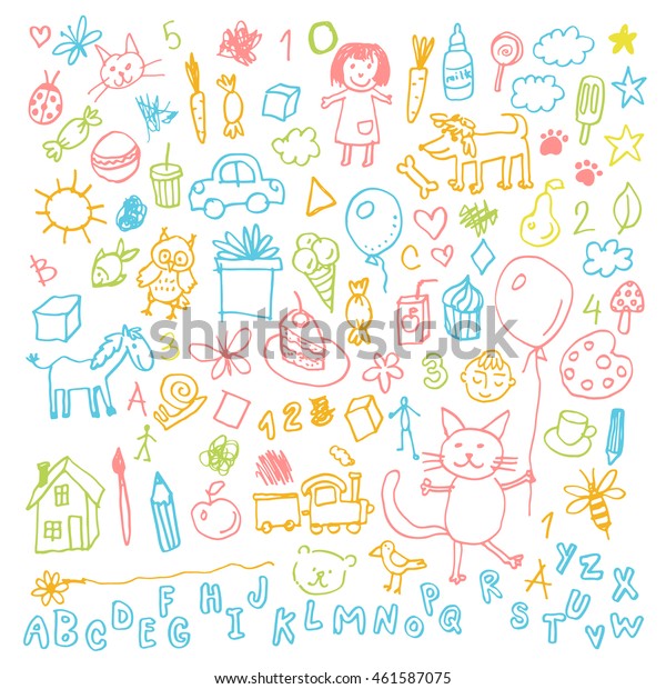 Funny Children Drawing Vector Doodle Set Stock Vector (Royalty Free ...