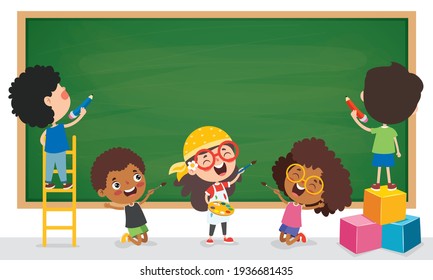 Funny Children With Empty Blackboard