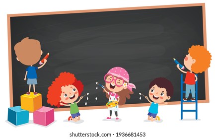 Funny Children With Empty Blackboard