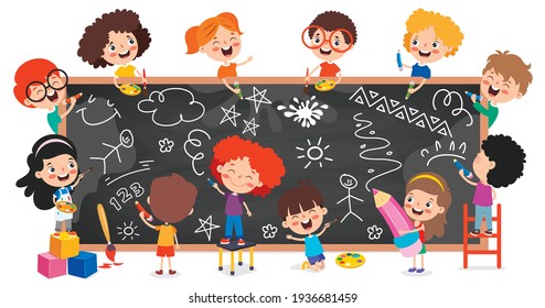 Funny Children With Empty Blackboard