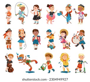 Funny Children Engaged in Different Activities Big Vector Set