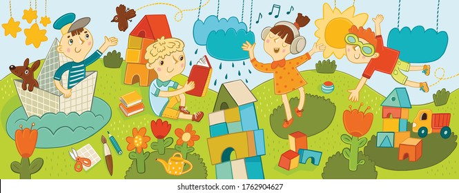 funny children are engaged in various types of creativity singing, reading, dancing, drawing, flying in the clouds 