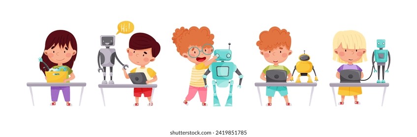 Funny Children Engineering Robots Process Vector Illustration Set