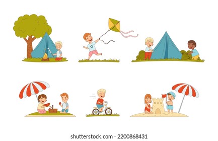 Funny Children Enjoying Summer Building Sand Castle, Flying Kite and Having Picnic Vector Set