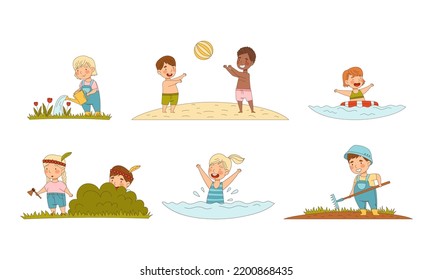 Funny Children Enjoying Summer Swimming in Water, Playing Ball on Sand Beach and Gardening Vector Set