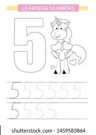 Funny children flashcard number five. Unicorn with hearts learning to count and to write. Coloring printable worksheet for kindergarten and preschool. Number writing practice 5.