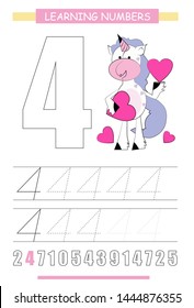 Funny children flashcard number four. Unicorn with hearts learning to count and to write. Coloring printable worksheet for kindergarten and preschool. Number writing practice 4.	