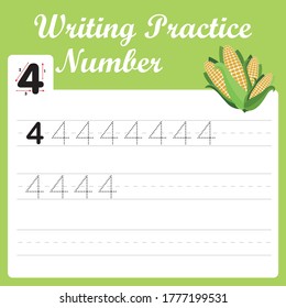 Funny children flashcard number four. Number four tracing practice worksheet with 4 corn for kids learning to count and to write.