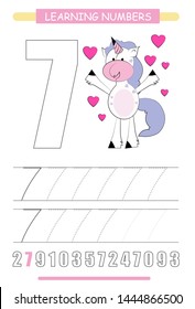 Funny children flashcard number seven. Unicorn with hearts learning to count and to write. Coloring printable worksheet for kindergarten and preschool. Number writing practice 7.	