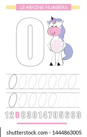 Funny children flashcard number zero. Unicorn with hearts learning to count and to write. Coloring printable worksheet for kindergarten and preschool. Number writing practice 0.	