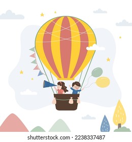 Funny children flying in hot air balloon. Birthday party, celebration, adventure. Eco transport at sky. Preschooler kids flight. Vacation, recreation, banner with cute children friends. Flat vector