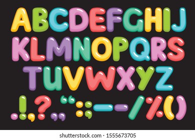 Funny children font with color letters. Colorful alphabet on a black background. Vector illustration.