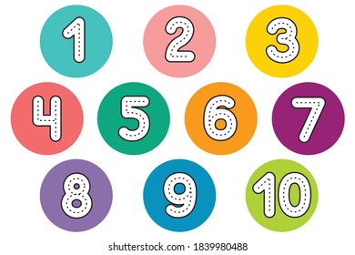 Funny children font with white numbers in color circle. Colorful vector illustration isolated on white background. 