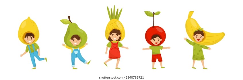 Funny Children in Fruit Costumes Having Fun Vector Set.