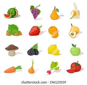 Funny children fruit and vegetable icon set. Kid language learning elements. Watermelon, grape, pear, banana, nuts, strawberry, blackberry, mushroom, apple, lemon, onion, tomato. Food collection.