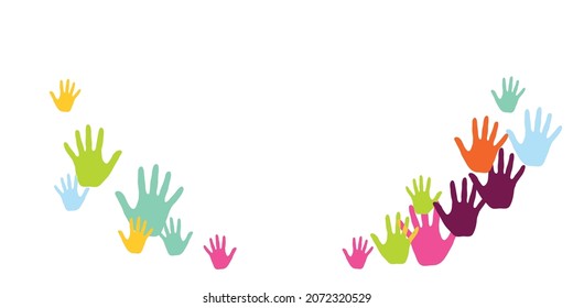 Funny children handprints nursery games concept background design. Baby paint hand prints art therapy background. Kids group handprint silhouettes.