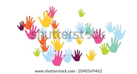 Funny children handprints nursery games concept vector illustration. Baby paint hand prints play and joy concept. Kids group handprint silhouettes.