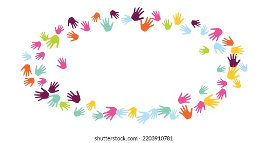 Funny Children Handprints Preschool Education Concept Vector Illustration. Toddler Paint Hand Prints Play And Joy Background. Children And Adult Handprints, Palms With Five Fingers Isolated.