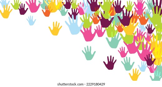 Funny children handprints preschool education concept background design. Child paint hand prints play and joy background. Kids group handprint silhouettes.