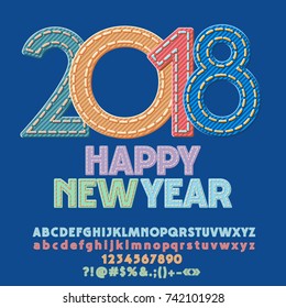 Funny Children Happy New Year Vector Greeting Card. Colorful Denim piece set of Letters, Numbers, Symbols. 