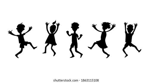 Funny children jump and dance in a row. Vector silhouette image.