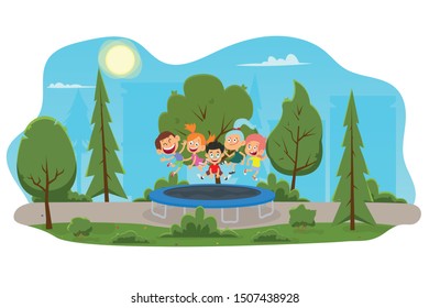 funny children jump on a trampoline in a city park. happy friends having fun on a sunny day at the attraction. vector illustration