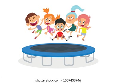funny children jump on a trampoline in a city park. happy friends having fun on a sunny day at the attraction. vector illustration