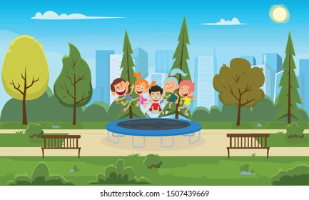 funny children jump on a trampoline in a city park. happy friends having fun on a sunny day at the attraction. vector illustration