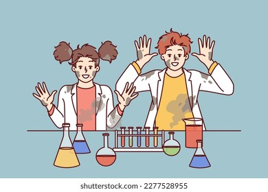 Funny children in laboratory raise hands after unexpected reaction when mixing chemical reagents that caused explosion. Children doing science experimenting in school lab and doing research 