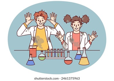 Funny children in laboratory raise hands after unexpected reaction when mixing chemical reagents that caused explosion. Children doing science experimenting in school lab and doing research