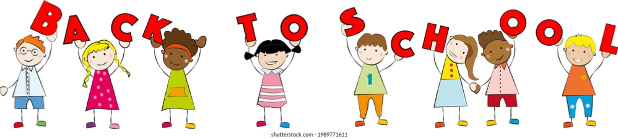 Funny children  with letters. Schoolchildren with words back to school. Flat vector illustration, long banner.