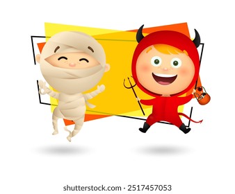 Niños divertidos con trajes de momia y diablo divirtiéndose juntos. Concepto de fiesta de Halloween. La Ilustración vectorial se puede utilizar para invitaciones, carteles, Anuncios