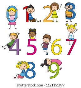 Funny children with numbers from 0 to 9. Isolated vector