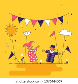 Funny children performance in the puppet theater. Vector illustration