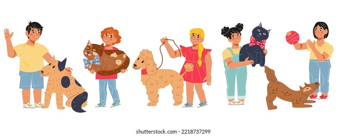 Funny children with pets, flat vector illustration isolated on white background. Kids and domestic animals standing in row. Careful kind children taking care of dogs and cats.