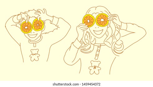Funny children play with oranges in helthy eating life style 