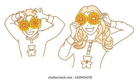 Funny children play with oranges in helthy eating life style 