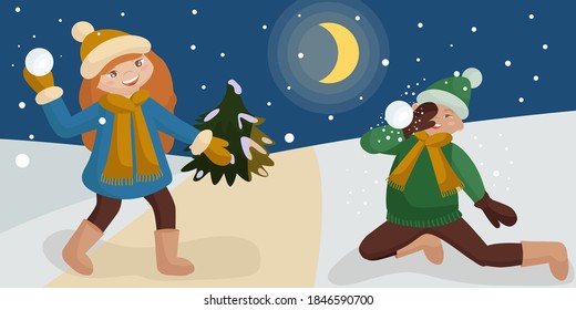Funny children play snowballs in the winter outdoors. Moon, Christmas tree, mittens, valenki. New year vector illustration.