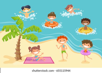 Funny children playing at the beach. Summer time background. Vector illustration.