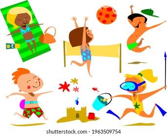 Funny children playing on beach. Vector illustration