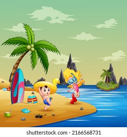 Funny children are playing on the beach
