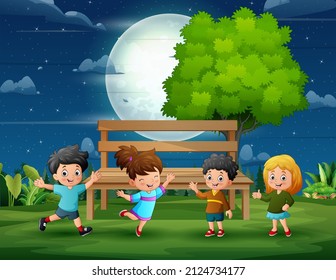 Funny children playing in park at night