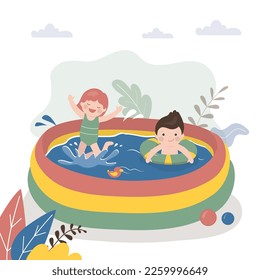 Funny children playing and swim in small inflatable pool. Summer time, active game in water. Preschool kids in swimsuits. Childhood, entertainment. Sport, active games. Flat vector illustration