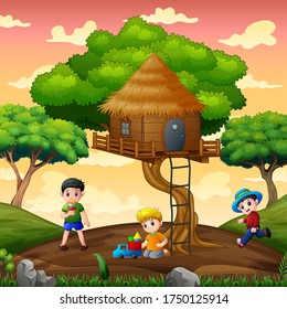 Funny children playing under the tree house