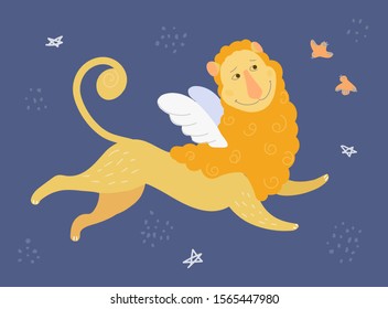 Funny children poster in vector. A cute lion flies through a blue sky among stars and birds with a smile. Fantasies for postcards,posters, banners,printing on children's t-shirts,diapers for newborns